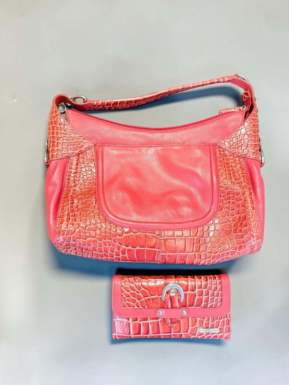 Charlie Lapson Red Crocodile Embossed Leather Hobo Bag and Matching Wallet Set